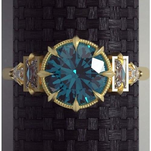 Luxury Round Blue Crystal Engagement Ring Romantic Gold Color Zircon Wedding Ring for Women Anniversary Gifts Jewelry