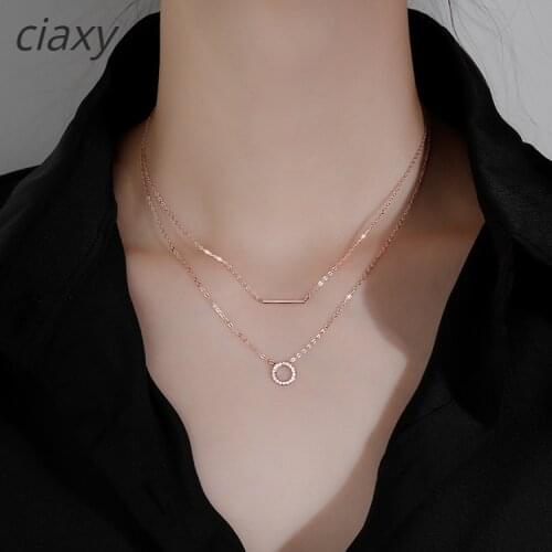 CIAXY 925 Sterling Silver Zircon Circle Necklace for Women Double Layer Clavicle Chain Necklace Geometric Jewelry