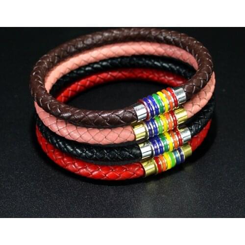 8 Colors Genuine Leather Braided Bracelet For Gay Lesbian Pride LGBT Rainbow Magnetic Charm Bracelet Men Women Lover Couple Gift