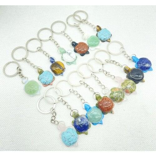 Natural Gemstone Turquoise Quartz Crystal Opal Tiger Eye Carved tortoise Keychain Pendant For DIY Jewelry Making Key Accessories