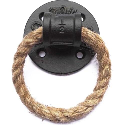 Simple morden Iron Pipe Flange Door Handle Knocker With Rope Loft Industry Style Gate unfold install for interior door knob