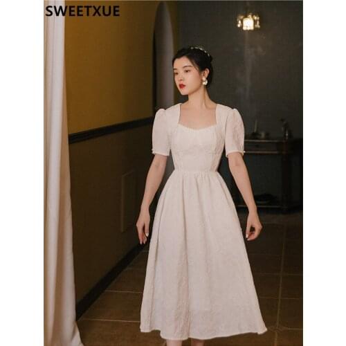 SWEETXUE Jacquard Pearl Romantic Princess Dress Womens 2021 Summer Square Neck Puff Sleeve High Waist Party Elegant Female