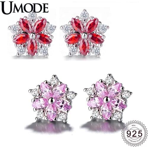 UMODE New 925 Sterling Silver Red Pink Zircon Flower Stud Earrings for Women CZ Party Birthday Gift Jewelry Brincos ALE0607