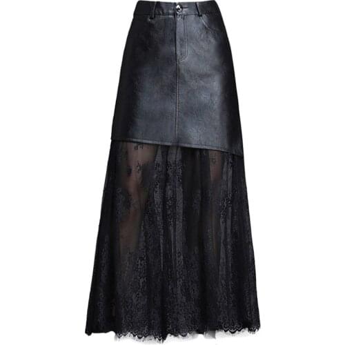 High-quality Pu + Lace Stitching Black Skirt Women Skirt 2020 New Autumn Winter High Waist Was Thin Package Hip Leather Skirt