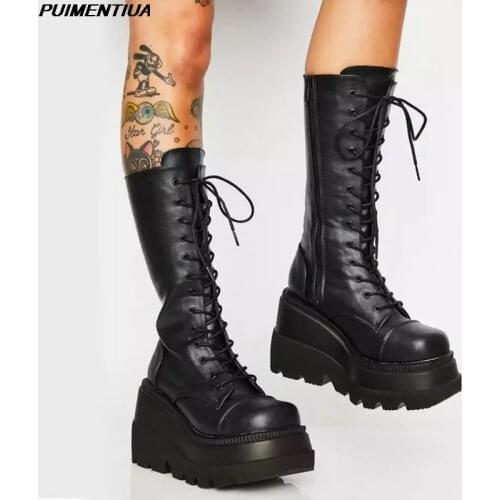 Dropship Big Size 43 Shoelaces Wedge High Heels Platform Tide Trendy Cool Autumn Winter Mid-Calf Boots Shoes Women Footwear