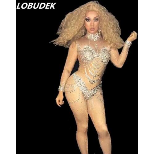 Bright crystals Female costumes sexy Jumpsuits stones Outfit performance DJ DS show Leotard Singer Dance Nightclub star zentai