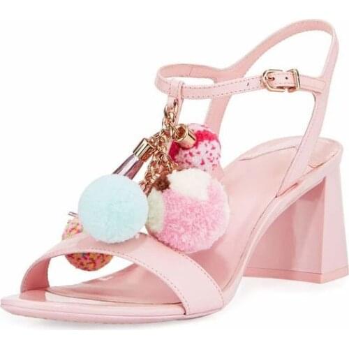 New Multi Bobbles Tassel Chains Pedant Chunky Heels Summer Gladiator Sandals Ladies Pointed Toe Ankle Strap Runway Shoes