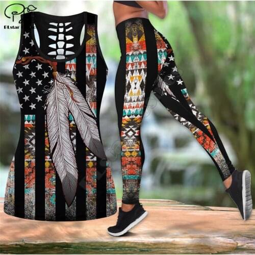 PLstar Cosmos Women for girl Workout Pants Geometric feather 3D Printed Hollow Tanktop sexy Yoga Retro Suit Fitness Soft Legging