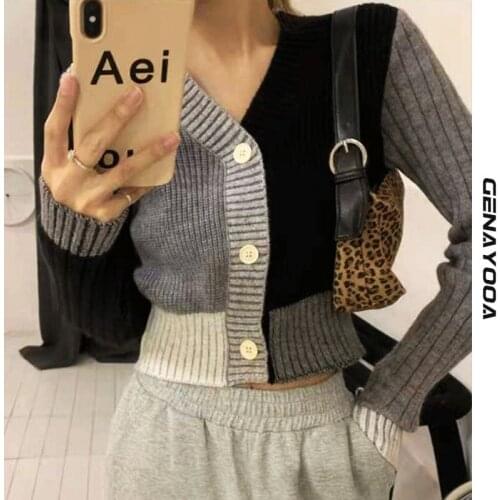 Genayooa Patchwork V-neck Slim Women Cropped Cardigan 2021 Autumn Knit Korean Sweater Women Female Cardigans Ladies Clothes