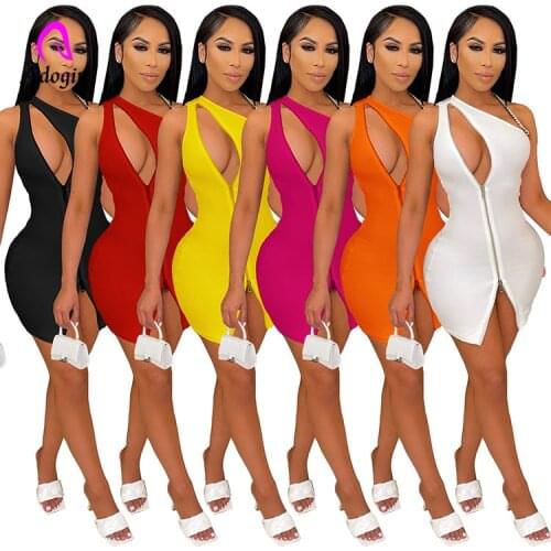 Slash Neck Women Mini Dress Solid Zipper One Shoulder Skinny Activewear 2021 Summer Night Club Party Hollow Out Festival Vestido