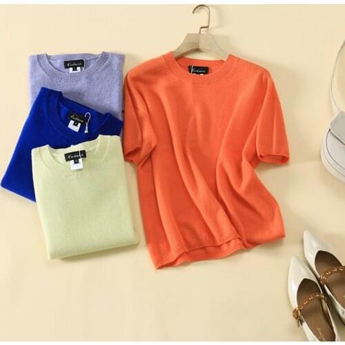 100% cashmere loose sweater women spring fashion crew neck soft jumper short sleeve knitted tops