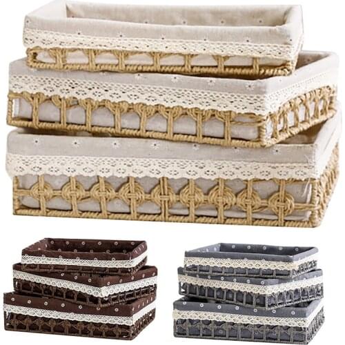 3Pcs Desktop Storage Basket Woven Straw Baskets Desktop Storage Sundries Toy Storage Box Container Kitchen Organizer