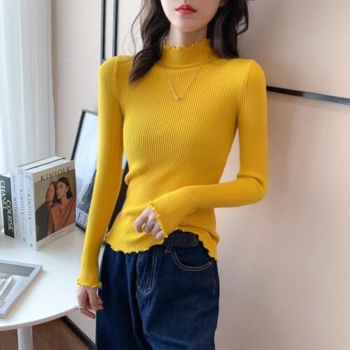 Girls Base Sweater Shirts Women Knitted Ruched Half Turtleneck Full Sleeve Sweaters Pullovers Female Soft Sweater Top Female
