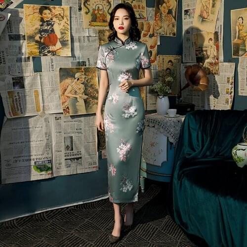 2020 spring short-sleeve new cheongsam vintage stand-up collar long section slim daily improvement satin cheongsam qipao