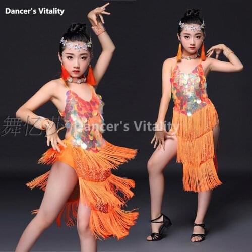 Child Tassels Latin Dance Ballroom Girls Samba salsa dresses sequin Costumes women tango dress Latin dress for girls