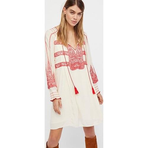 DUISNENA long boho black/white dress cotton floral Embroidery women dresses v-neck tassel belt casual robe ventage vestidos