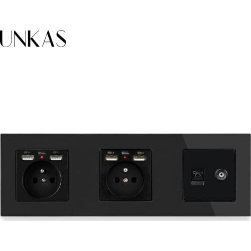 UNKAS Glass Panel Double French Standard Socket with 4 USB Charging Port + RJ11 Telephone Connector + TV Connector