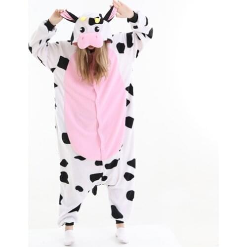 Fleece Cow Pajamas Women Men Kigurumi Animal Onesies For Adults Cartoon One-Piece Pijamas Halloween Birthday Cosplay Costume