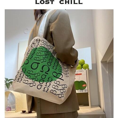 Lost Chill Ins Letter Symbol Canvas Tote Bag Women Green Circle Beige Shoulder Handbag Summer Large Soft Shopping Bag New Fashio