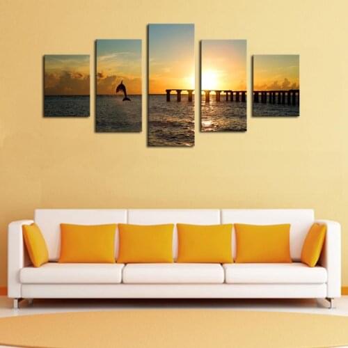 Unframed 5 Panels Sunset Seascape and Dolphins Print Oil Painting Modern Canvas Wall Art for Wall Decor Home Decoration Artwork