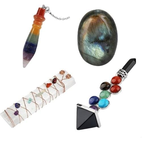 Healing Reiki Crystal Kit,Copper Wire Wraped Raw Selenite Stick,Labradorite Stone,7 Chakra Pendulum,Pyramid Wand Point Set