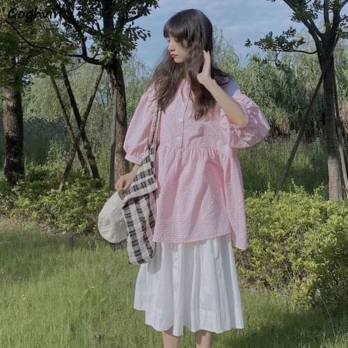Summer Sweet Sets Women Three Quarter Sleeve Pink Plaid Long Shirt Baggy Korean Style White Skirt Mid-calf Gentle Streetwear Ins
