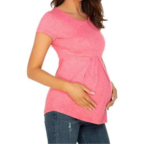 Summer Women Maternity Clothes Plus-Size Short Sleeve Pregnant T-Shirt Tops Round Neck Short Sleeve Ruffle Fold Pregnant Tops