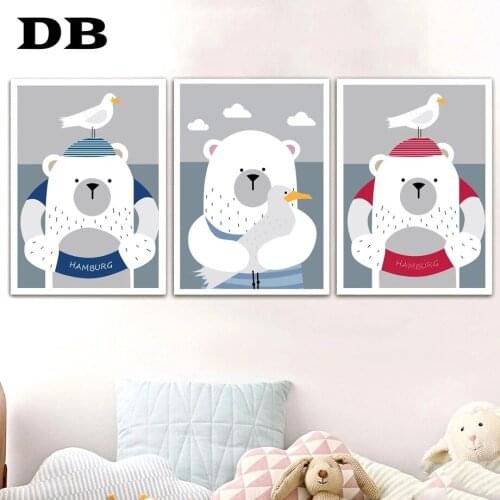 Bear Peace Pigeon Swimming Ring Nursery Wall Art Canvas Painting Nordic Posters And Prints Wall Pictures Baby Kids Room Decor