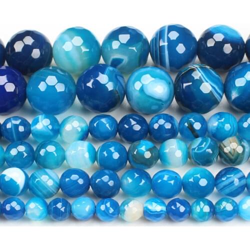 Natural Faceted Blue Stripe Ag-ate 4-14mm Round Beads 15inch ,Wholesale For DIY Jewellery Free Shipping