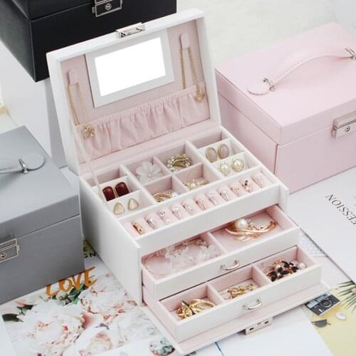 PU Leather Jewelry Organizer 3-layer Large Capacity Jewelry Box Earrings Necklace Rings Holder with Makeup Mirror and Lock Case