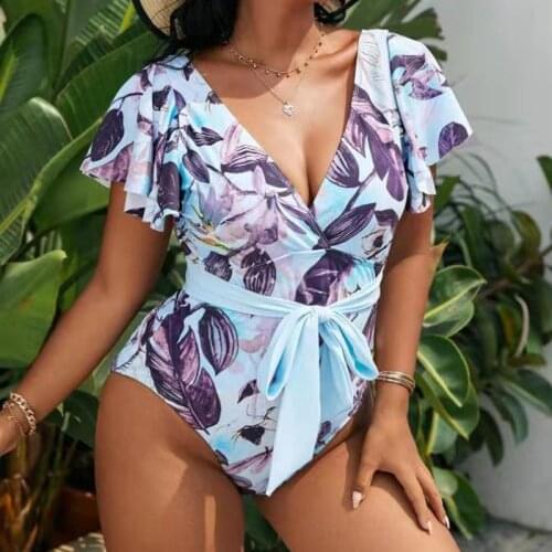 Plus Size 6XL 8XL Ruffles One Piece Swimsuit Women 2021 Sexy Deep V-Neck Floral Print Bikini Swimwear Beach Wear Monkini