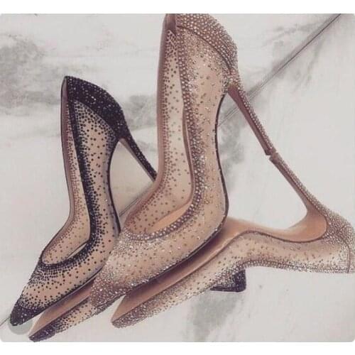 Sexy Mesh Rhinestone Patchwork High Heel Shoes Champagne Glittering Heels Pumps Bling Bling Crystal Wedding Dress Shoes Bride