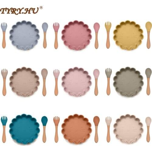 TYRY.HU Baby Silicone Plate Kids Bowl Lion Cartoon Dinner Plate Spoon Fork Set Baby Feeding Silicone Bowl Dishes Kids Tableware