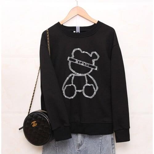 Spring Autumn Fashion Loose sweatshirt female Cartoon bear Pattern Hot diamonds Casual Round neck women long sleeve pullovers
