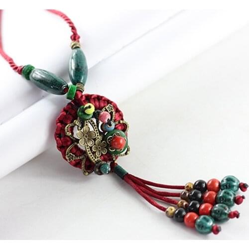 Ethnic Style Women Long Sweater Chain Beautiful Colorful Ceramic Beads Tassel Pendants Necklace Female Jewelry Accessories