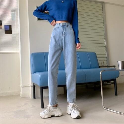 2021 New High Waisted Jeans for Women Straight Leg Denim Pants Bottom Vintage Streetwear Fashion Clothes Blue Spring