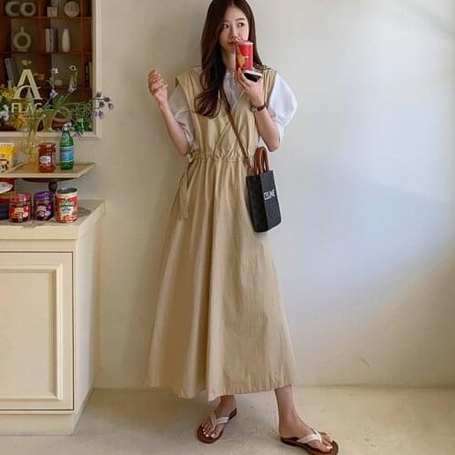 Johnature 2021 Summer V-neck Elastic Waist Women Dresses New Korean Casual Loose Sleeveless Pockets Dress(only Dress)