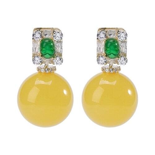 S925 sterling silver gold-plated natural amber stud earrings graceful and fashionable round beads earring pendant for ladies