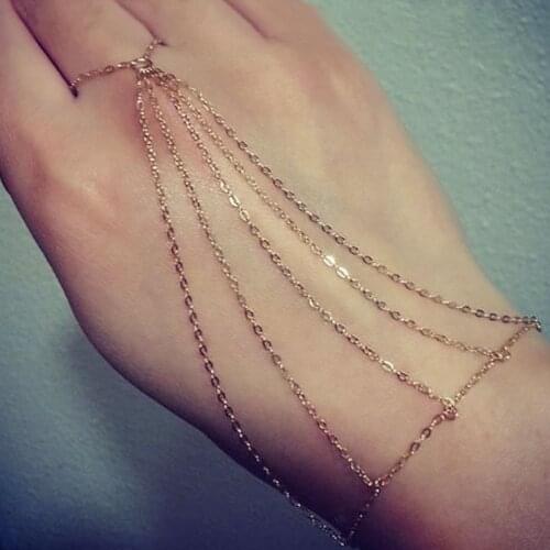 Simple Multilayer Tassel Slave Bracelet Gold Silver Color Alloy Bangle Finger Chain Harness Hand Chain Jewelry Accessories