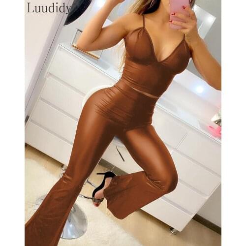 Women Pu Leather Two pieces Sets Spaghetti Strap Crop Top & Flared Pants Set Solid Set