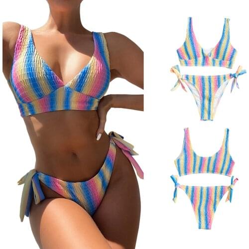 Two Piece Sexy Striped Swimwear Women Bathing Suits Colorful Striped V-neck Bikini Bra Tie-up Thong Suits Sportswear Swimsuit