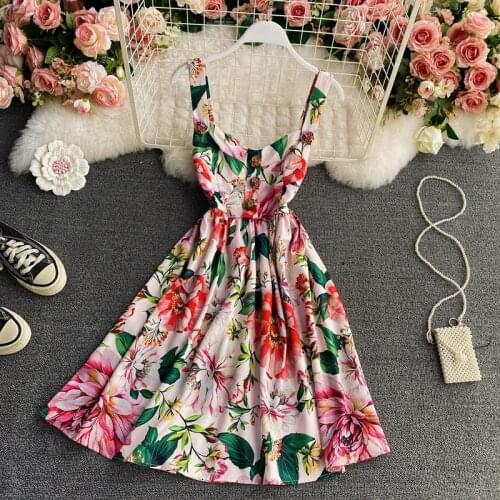 Menahem New 2021 Summer Runway Strapghetti Strap Dress Women Beach Boho Petel Beading Buttons Backless Flower Print Short Dress