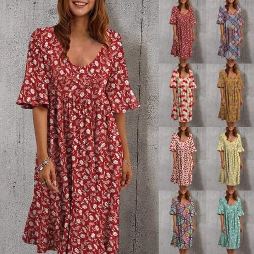 Plus Size Womens Dress 2021 Summer New Fashion Boho Floral Print Dress Lady O Neck Colorful Loose Casual Beach Short Dress Hot