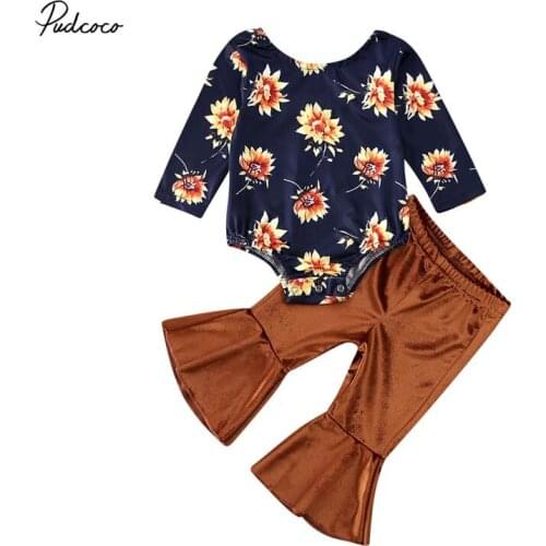 2020 Children Spring Winter Velvet 2Pcs 0-24M Sunflowr Bodysuit Bell Pants Newborn Infant Baby Girl Clothes Floral Outfits Set
