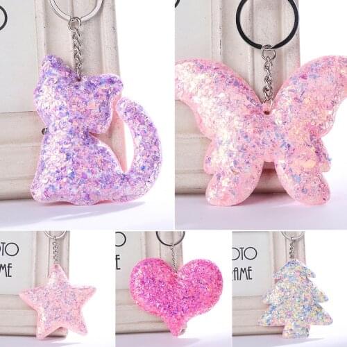 Glitter Heart Keychain Cute Butterfly Cat Sequin Animal Keyring for Women Girls Handbag Star Pendant Car Key Chains Jewelry Gift