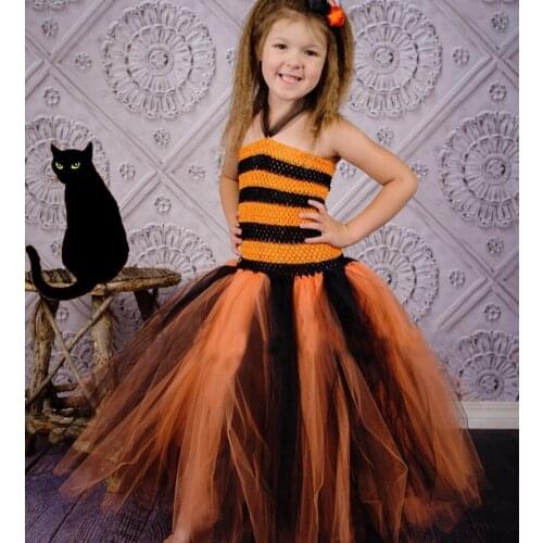 Girls Orange Black Crochet Tutu Dress Kids Tulle Dress Ball Gown with Flower Hairbow Child Halloween Party Costume Dresses Cloth