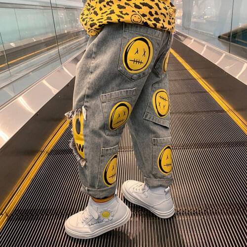 2021 Hot Boys Girls Yellow Face Jeans High Waist Elastic Denim Pants Childrens Clothing Fashion Cute Print Trousers 4-13Yrs