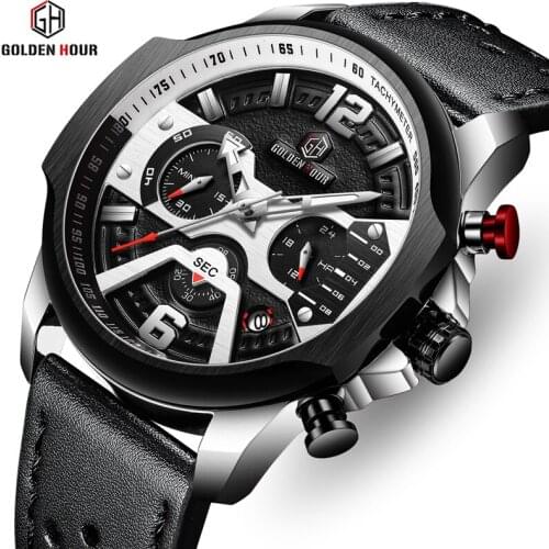 GOLDENHOUR Men Watch Top Luxury Brand Mens Fashion Silver Black Quartz Watches Male Leather Strap Chronograph Sports Wristwatch