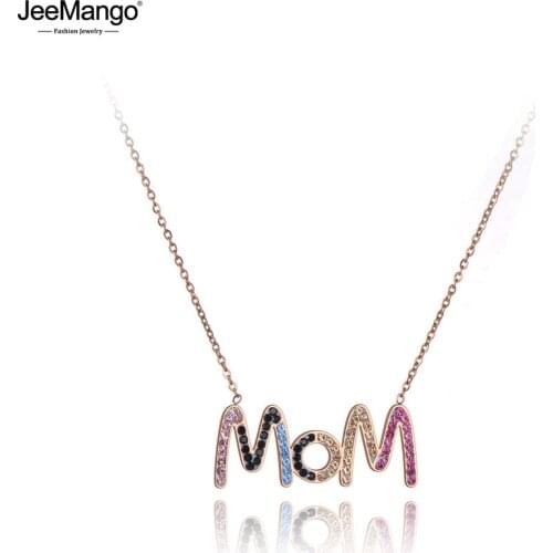 JeeMango Titanium Steel Colorful CZ Crystal MOM Choker Necklaces For Women Trendy Rose Gold Charm Pendant Necklace JN19184