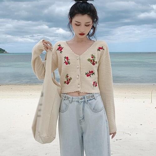 Summer Women Flower Embroidery Knit Cardigans Sexy V Neck Loose Single-breasted Elegaht Print Casual Short Sweater